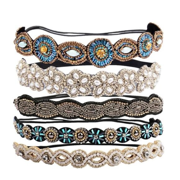 5 Pieces Rhinestone Elastic Headbands Handmade Crystal Beaded Hairbands - Picture 8 of 14